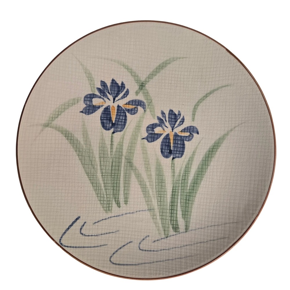 Ono Japan Ceramic Plate Blue Iris Floral Hand Painted Crackle Glaze Vtg 12.25"